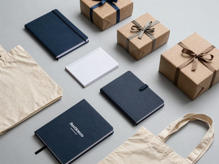 Overhead 45-degree view of branded merchandise flat-lay — notebooks, tote bags, and sealed gift boxes arranged on a pale grey surface, cool studio lighting, no people, documentary product study