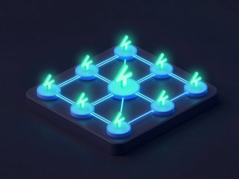 Isometric 3D render of a neon career map, glowing nodes connected by electric blue lines, mint green level-up icon, dark mode tech aesthetic