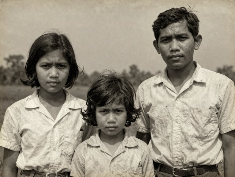 A damaged, faded black and white vintage photograph of an Indonesian family from the 1970s, showing cracks and dust textures, warm soft light.