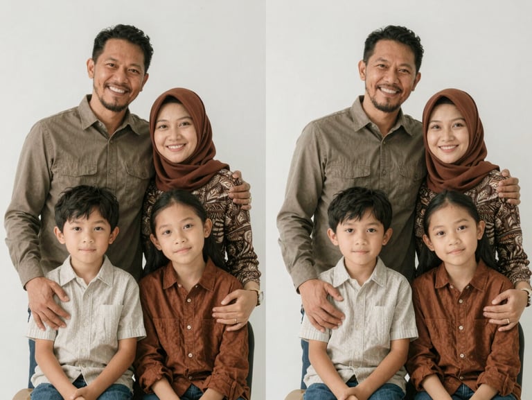 The same Indonesian family photograph fully restored, with rich natural colors, sharp details, and smooth paper texture, clean presentation.
