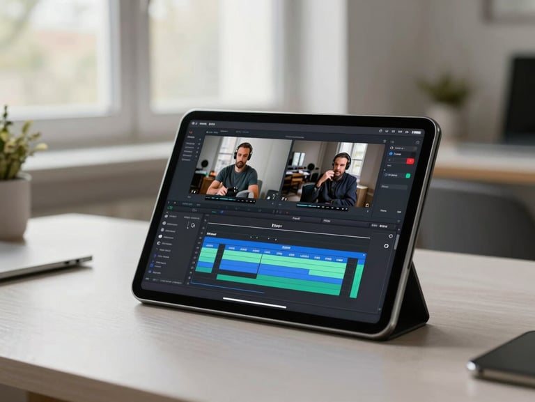 A clean modern workspace with a tablet displaying a professional video editing timeline, soft natural window light, elegant composition.