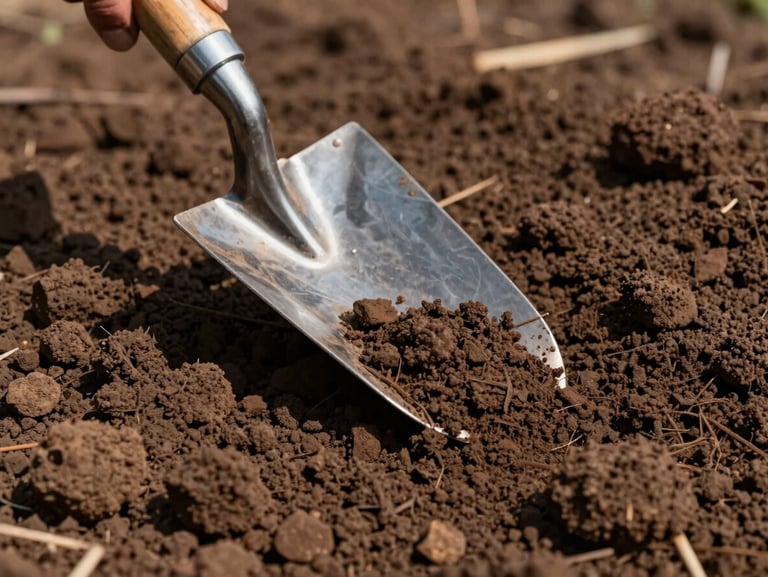 A close-up of dark, rich Haryana clay soil being turned over with a metal hand trowel, bright morning sunlight casting sharp shadows, focus on the earthy soil texture.