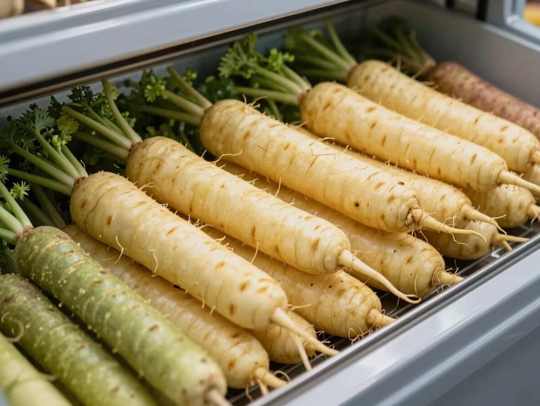 Crates of freshly harvested heirloom root vegetables stacked neatly inside a bright commercial walk-in cooler.