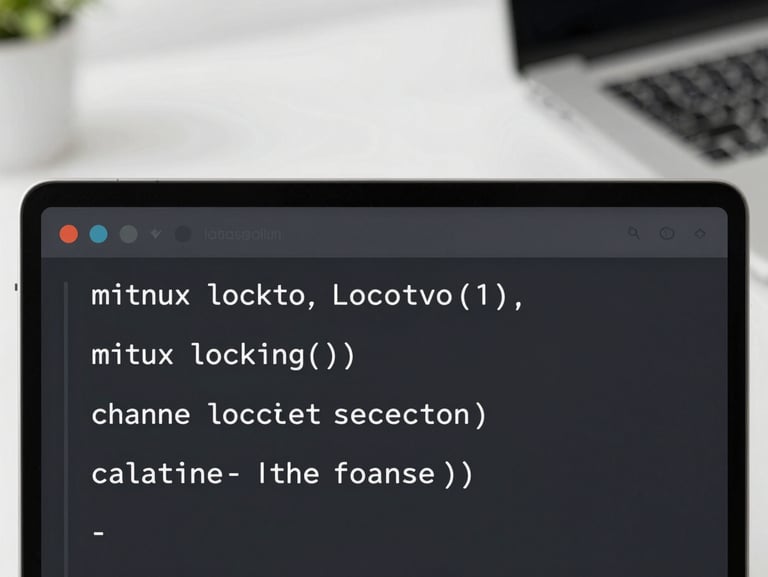A clean close-up of Go code implementation showing mutex locking and channel selection, dark mode theme, crisp text, shallow depth of field