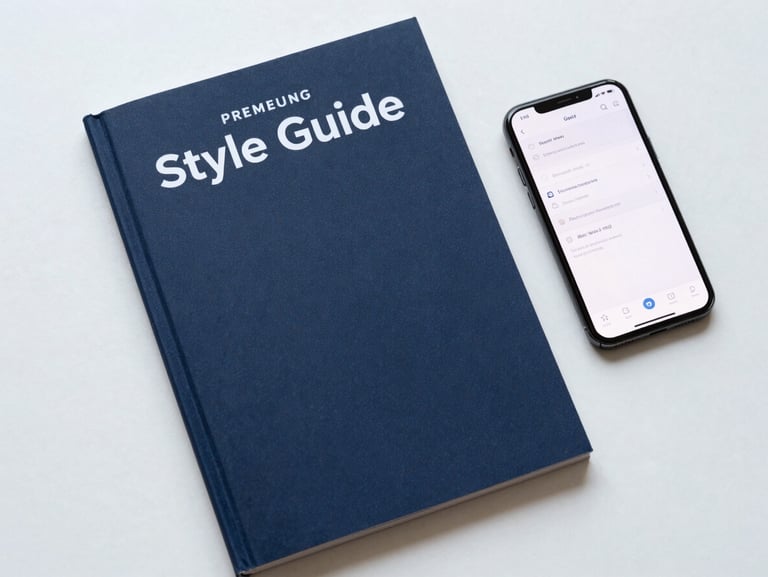 Clean flat-lay of a premium brand style guide book next to a modern smartphone displaying a clean interface, cool natural daylight