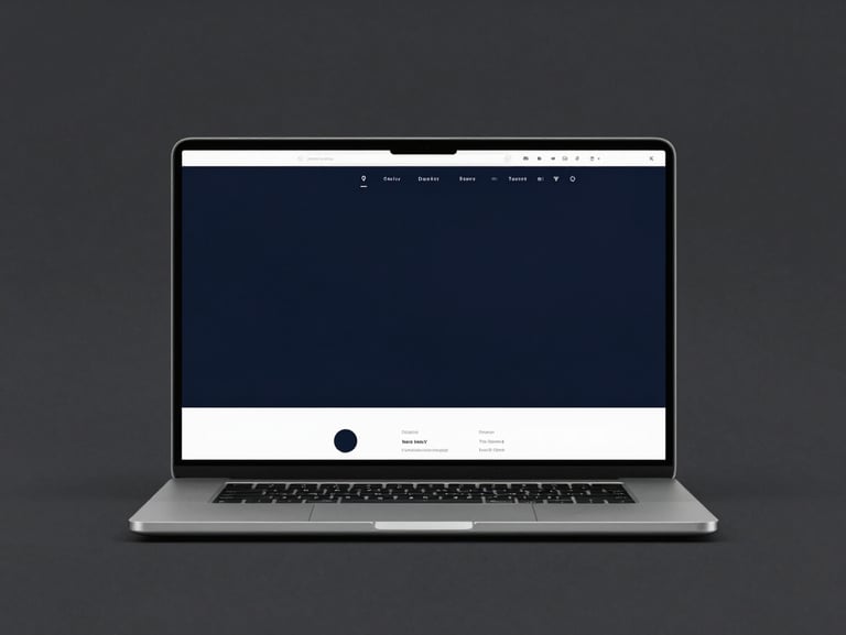 Sleek, minimalist laptop mockup displaying a premium brand's web interface, dark slate background, sharp focus, cool studio lighting