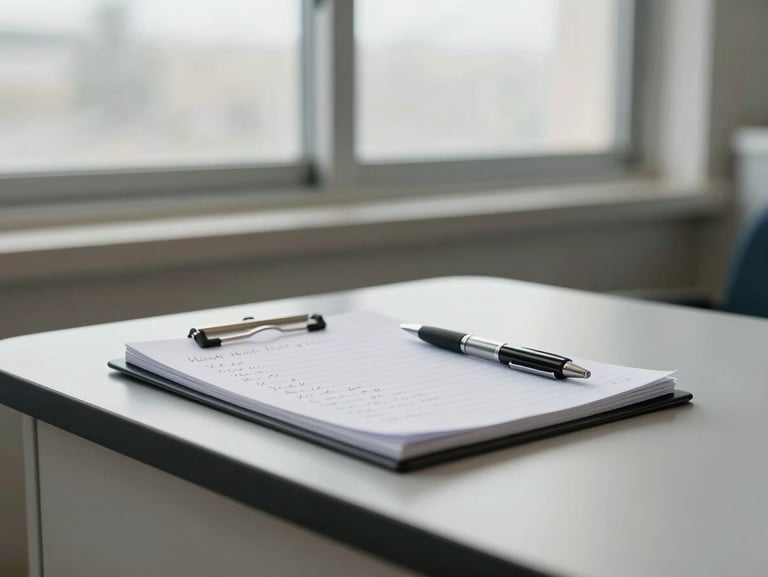 Close environmental frame of a clinical consultation desk from a low side angle — a notepad with handwritten notes and a pen resting beside it, soft overcast north-facing daylight through a frosted window, warm gray surface, no people visible, clinical intake space suggested by the objects alone