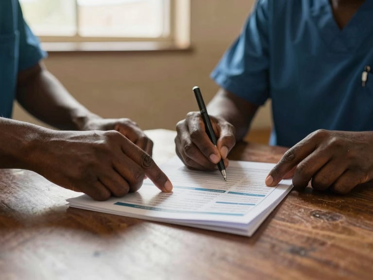 Close-up of two community health workers' hands reviewing a printed program schedule at a table in a Lesotho community clinic, natural window light, warm earth tones, authentic working environment