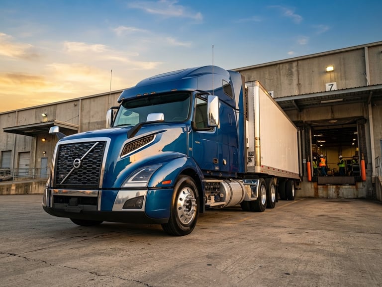 Low-angle heroic shot of a clean modern semi-truck parked at a concrete loading dock during golden hour, sharp focus