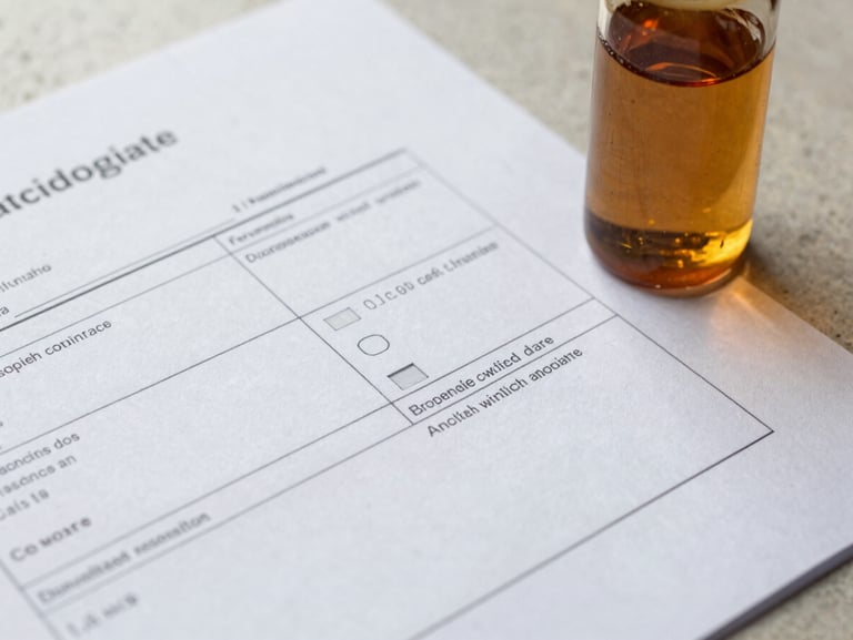 Overhead close-up framing of printed laboratory test sheets and a certification document spread flat on a light stone surface, north-facing daylight from the upper left, a glass vial of amber castor oil resting at the upper-right corner of the documents, no text readable