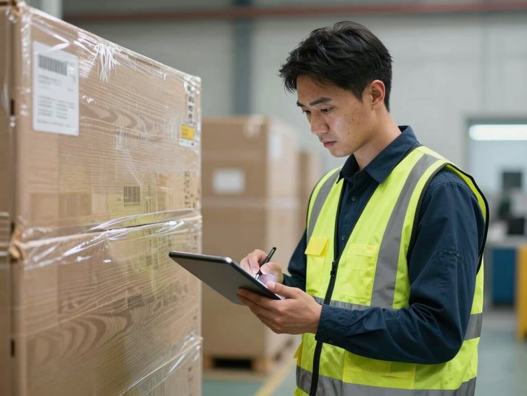 Quality control inspector in a high-visibility vest checking specifications on a digital tablet next to crated cargo