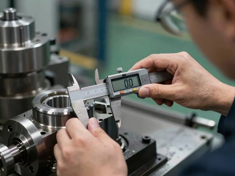 Inspector using digital calipers to measure tolerances on a machined metal component inside an active factory, sharp industrial lighting.