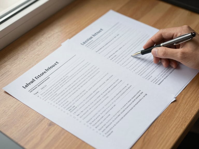 Overhead close-up of a wooden desk surface with legal intake forms and a pen, a hand resting beside the paperwork, natural window light from the upper left, no people's faces visible, clean documentary framing