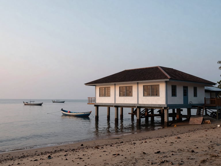Simple beachside guesthouse in Murud town at dawn, fishing boats visible in the background on calm sea, overcast morning light, no people, wide establishing shot of the building exterior and shoreline