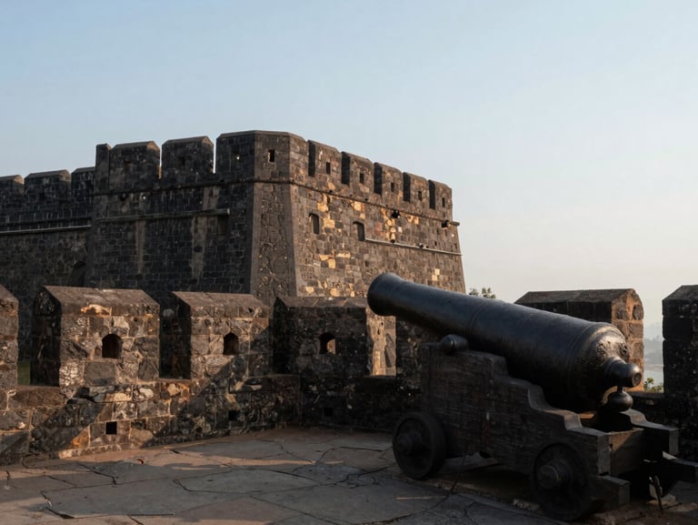 Wide landscape shot of Raigad Fort stone battlements at early morning, cannon silhouette in the foreground right, pale sky behind, natural daylight, no tourists