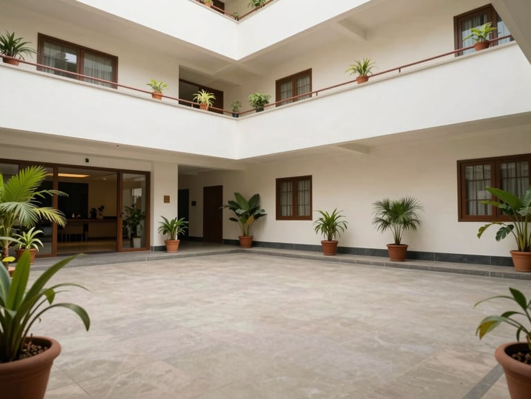 Interior courtyard of a clean mid-range hotel in Mahad, Maharashtra — tiled floor, potted plants along a whitewashed wall, natural daylight, no guests visible, wide environmental shot showing the property approach and scale