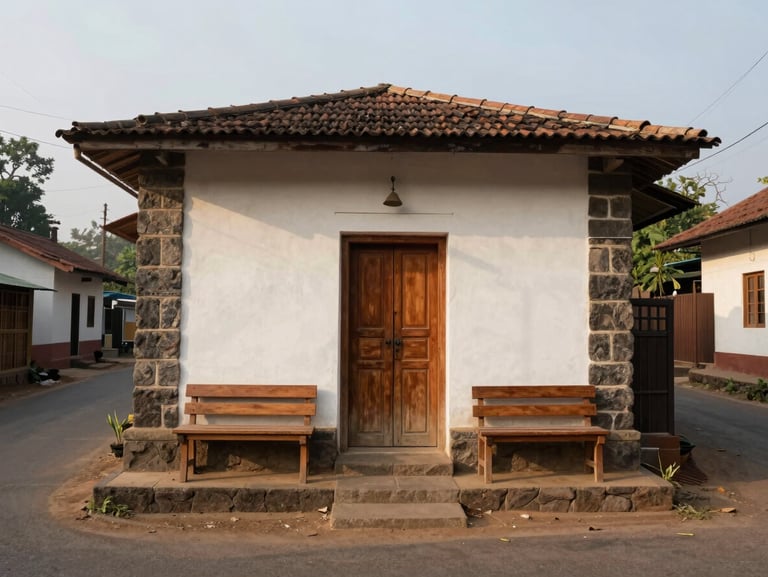 Simple guesthouse exterior in a village near Pachad, Maharashtra — stone-and-plaster facade, wooden door, a single wooden bench outside, overcast morning light, quiet lane visible to one side, wide environmental framing