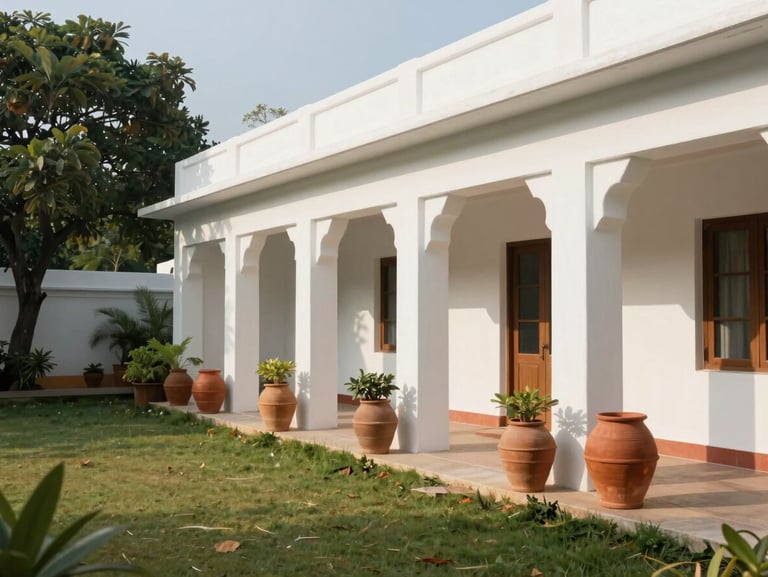 Courtyard of a clean whitewashed resort near Alibaug, terracotta pots along a shaded veranda, natural daylight at 9am, no people, wide shot showing garden and building facade, unfiltered natural colours