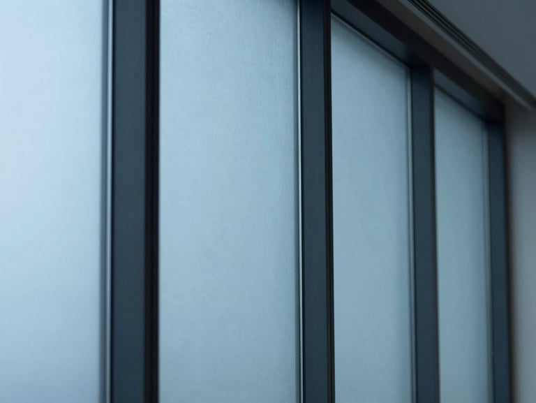 Close-up of clean corporate boardroom glass partition with vertical structural lines, cool crisp daylight
