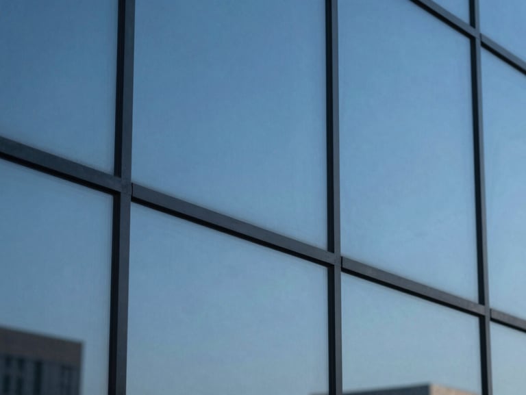 Macro close-up of a glass facade reflecting cool blue morning sky, architectural grid lines, sharp focus, 35mm