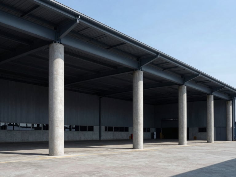 Wide architectural shot of a modern logistics terminal with concrete pillars and steel beams, sharp daylight shadows