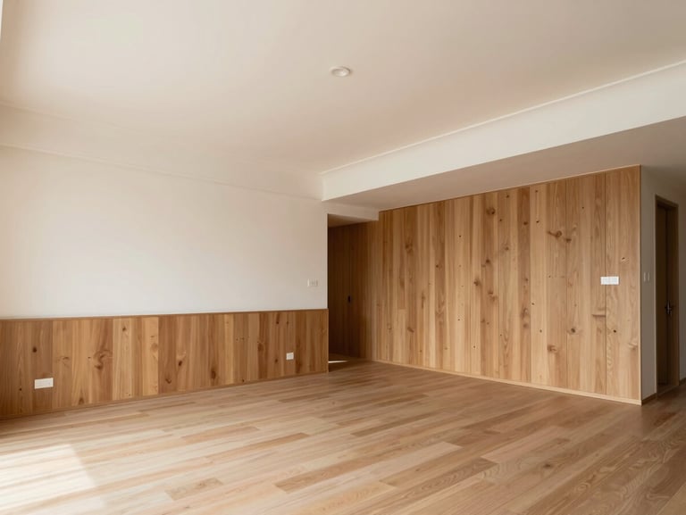 The finished space from the exact same angle, showing a bright double-height living room with immaculate plaster finishes and warm wood paneling