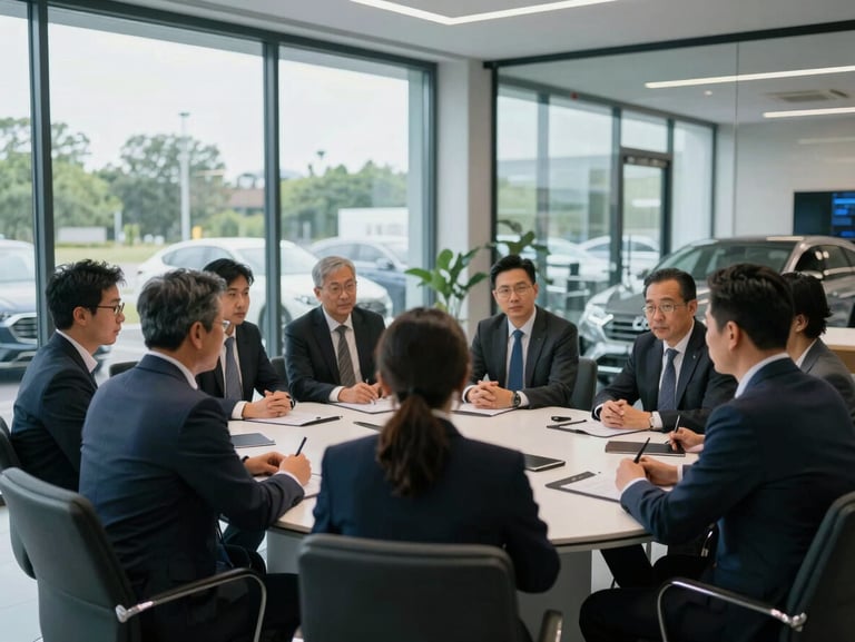 Candid, professional team huddle of automotive executives in a glass-walled conference room overlooking a clean dealership facility, cool daylight.