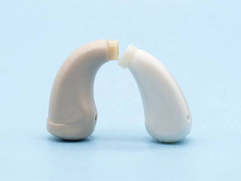 Side view of a sleek, near-invisible receiver-in-canal hearing aid resting behind a human ear, clean medical product photography, bright high-key studio lighting, soft blue tones, 85mm