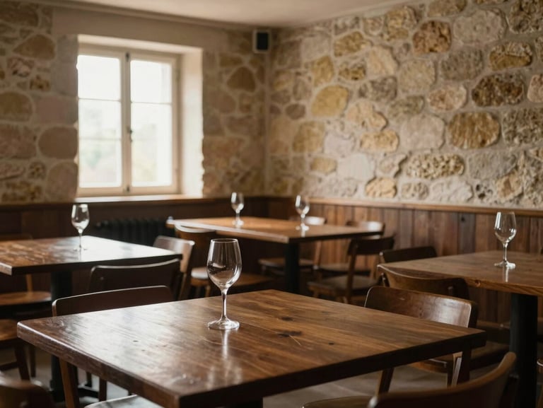Wide environmental shot of a near-empty tasting room interior — dark wood tables, warm diffused natural light through a small window, two empty wine glasses on a table, stone walls, no people, quiet morning atmosphere
