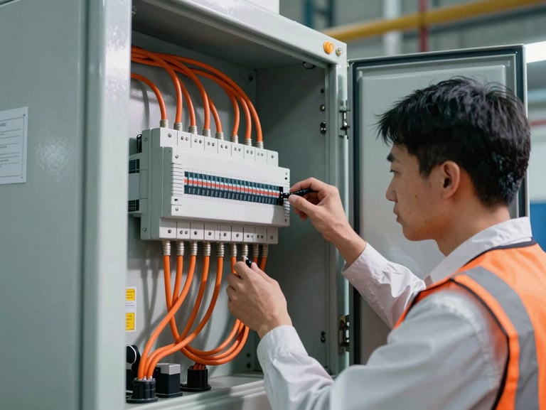 Industrial engineering photography, close-up of an electrical engineer inspecting a medium-voltage electrical panel with safety orange cables, clean industrial setting.