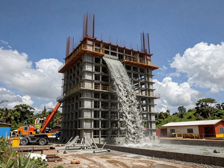 Industrial engineering photography, wide-angle shot of heavy machinery pouring concrete for a massive tower foundation in a rural area of Colombia.