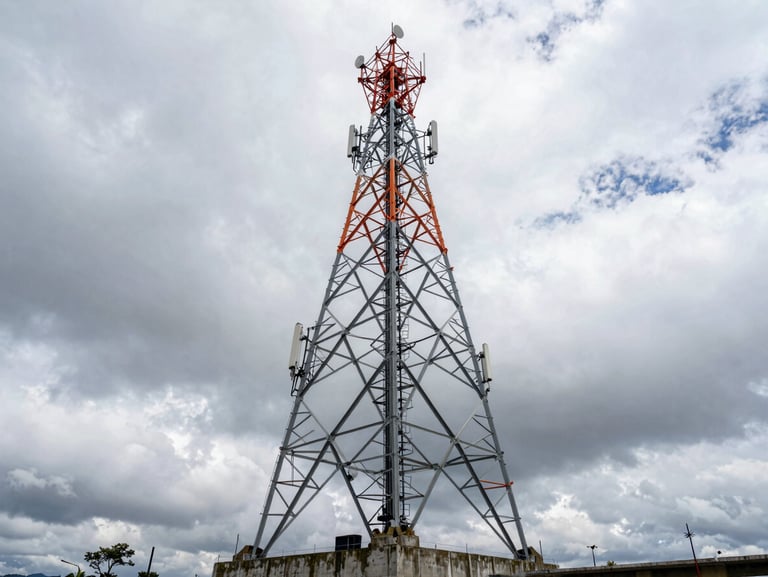 Industrial engineering photography, wide-angle shot of a massive steel telecom tower standing on a concrete foundation in the Colombian Andes, dramatic overcast sky, high-contrast steel tones.