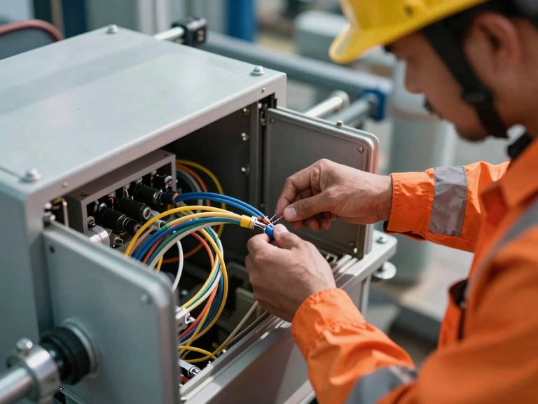 Industrial engineering photography, close-up of a technician in high-vis gear splicing fiber optic cables inside a protective enclosure, crisp outdoor lighting.