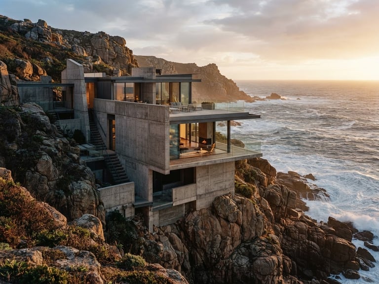 Brutalist coastal residence built into granite cliffs, sharp focus, rich earth tones, overcast daylight.