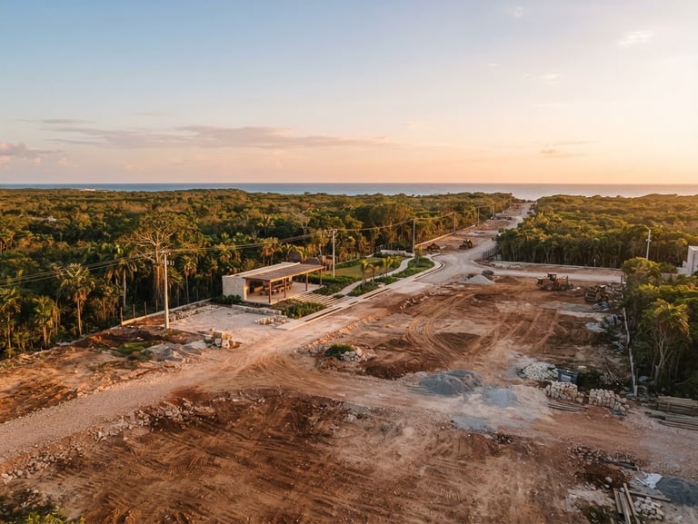 Wide view of raw development land in Riviera Maya, clear horizon, warm earth tones, soft sunlight.