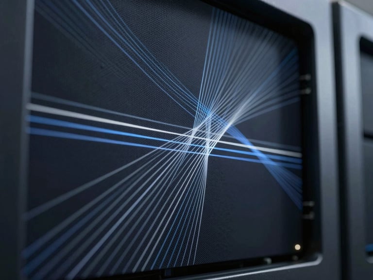Abstract geometric data visualization on a dark screen, cool indigo and silver lines showing data throughput, macro 35mm.