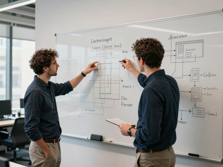 A collaborative engineering session where two developers review system architecture on a physical whiteboard in a bright, modern London office.