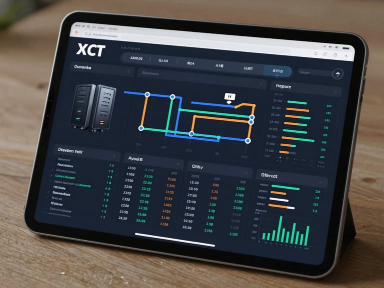 A clean, modern interface showing a system monitoring dashboard with real-time data pipelines and server health indicators on a tablet.