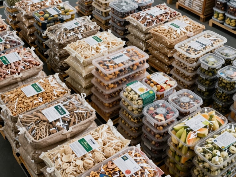 Wide overhead shot of stacked and labeled food ingredient packaging in a warehouse storage area—sacks of dry goods, sealed containers, and packaged produce arranged in organized rows under bright even overhead lighting, product labels clearly visible, large-volume stock evident