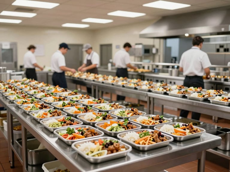 Wide environmental shot of an institutional kitchen prep station during active service—stainless steel prep tables lined with uniformly portioned meal trays ready for dispatch, kitchen staff in uniform working at stations in the background, bright even overhead fluorescent lighting, organized and operational, no posed faces
