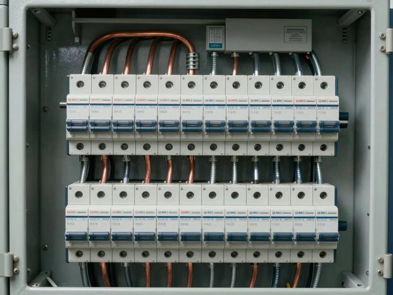 A clean, newly installed electrical distribution board with perfectly organized and labeled circuit breakers, copper busbars visible, high technical precision, sharp lighting.