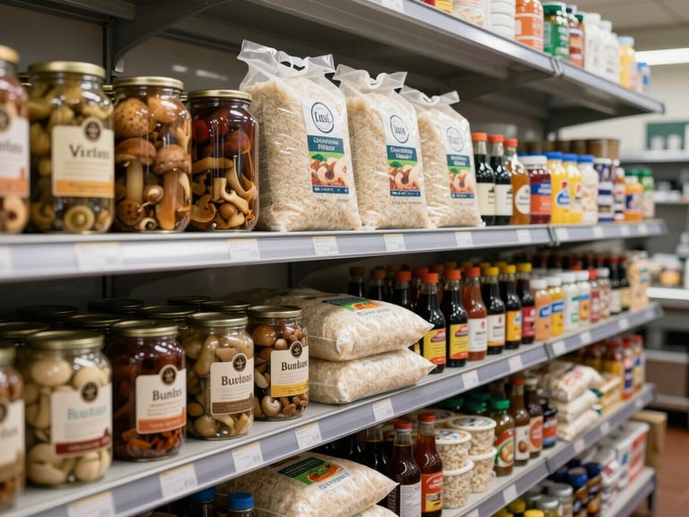 Large commercial kitchen pantry stocked with high-volume food service ingredients, large cans of preserved mushrooms, bags of premium rice, and culinary sauces, bright professional lighting.