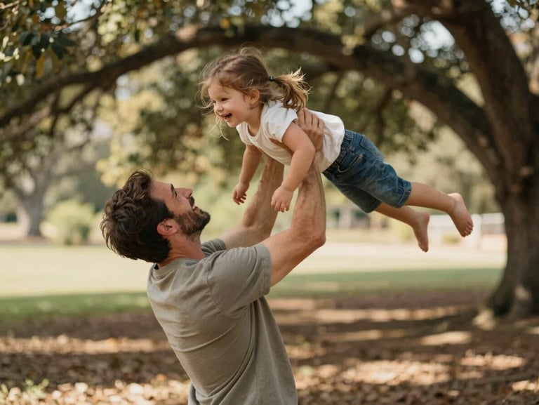 A candid portrait of a father lifting his daughter in the air, dappled shade of oak trees, genuine laughter, warm cinematic color grading.