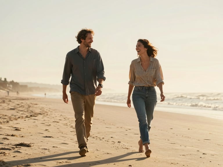 A cinematic wide shot of a couple walking along a sun-drenched beach, laughing mid-breath, golden hour backlighting, soft sand, warm tones.