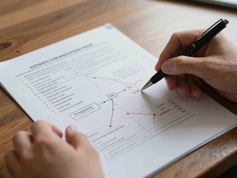 Close-up of marked-up strategy documents on a wooden table, hands holding a pen, natural daylight with soft shadows