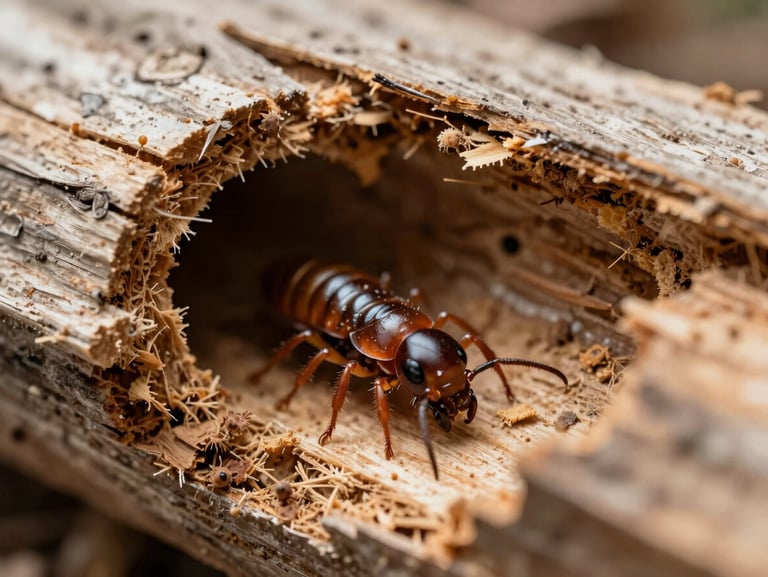 Close-up of termite damage in structural wood, showing hollow tunnels and active wood termites, clinical lighting.