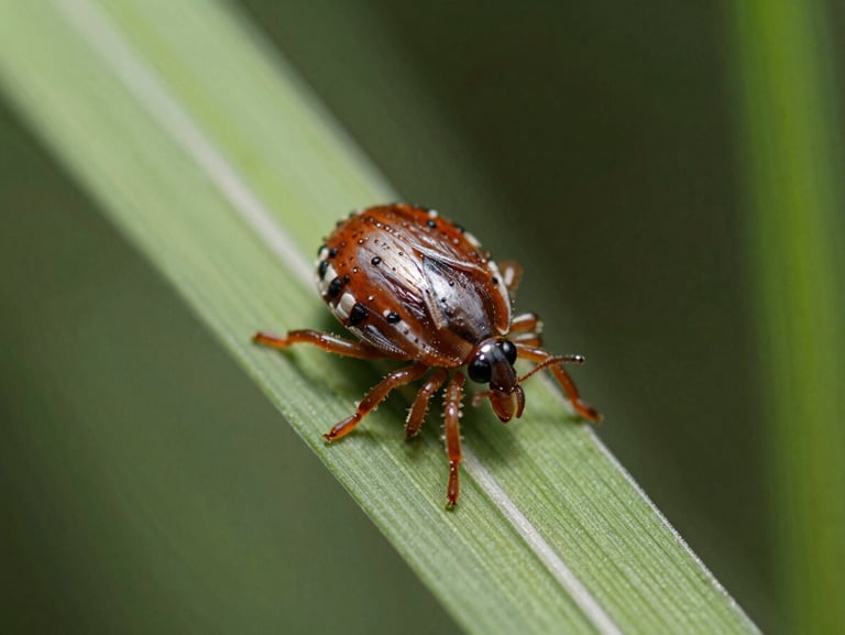 Macro photo of a tick on a blade of grass, high contrast clinical daylight.
