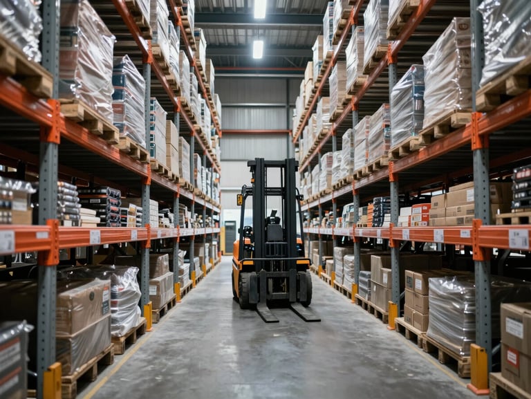Sharp industrial photography of fully loaded warehouse aisles with heavy-duty pallet racks, forklift pathway, high-contrast industrial lighting.
