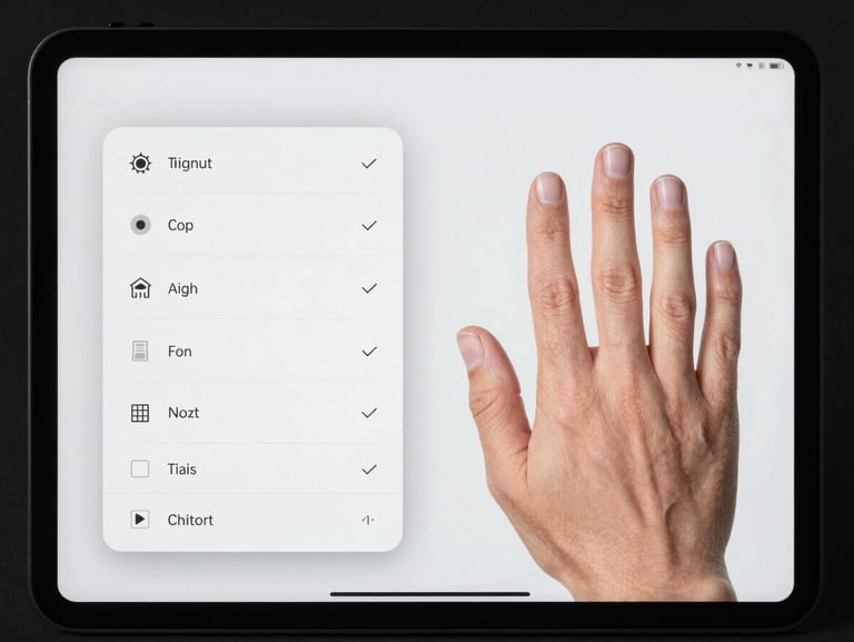 Tight crop of a tablet screen displaying a UI component library with two side-by-side variants — one with compact controls, one with enlarged touch targets — cool neutral studio light, sharp focus on screen pixels