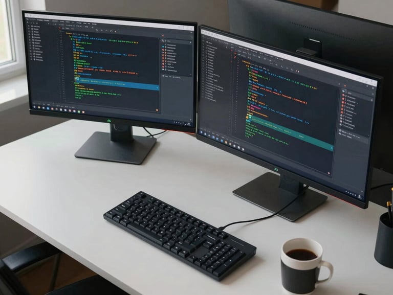 Overhead wide shot of a developer's desk: two monitors showing Android Studio with a device fragmentation matrix visible, keyboard and coffee cup in frame, cool daylight from left, no people